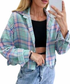 Women's Cute Cropped Flannel Plaid Shirt A50